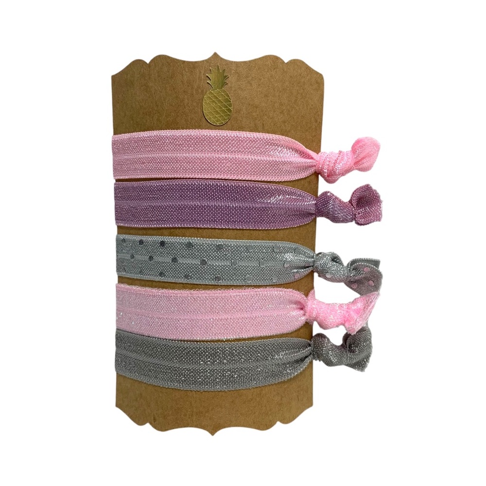 Hand tied hair elastics colour set of 5 hair ties pink silver